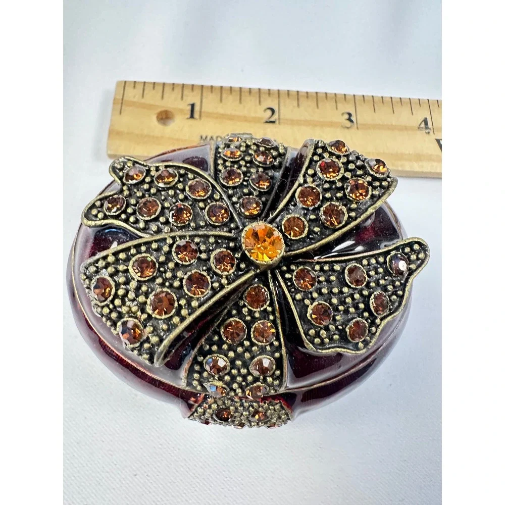 Round Burgundy Trinket Jewelry Box with Rhinestone Bow Accent Display Decor‎